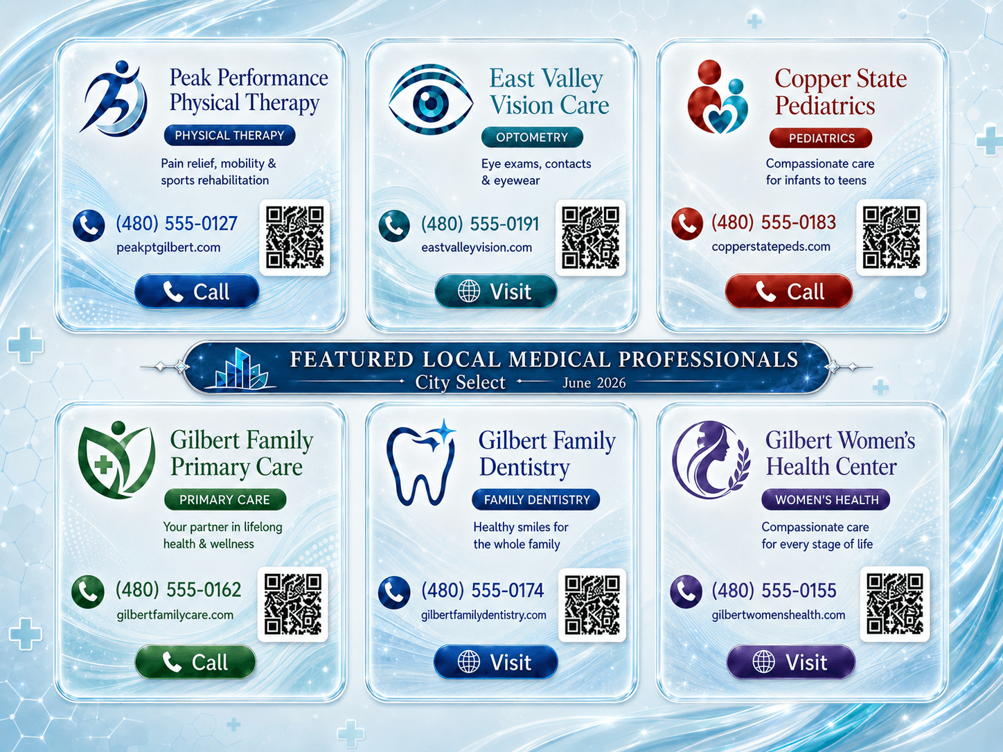 City Select 9×12 EDDM postcard — back, featuring six local Gilbert medical practices on an icy crystalline background.