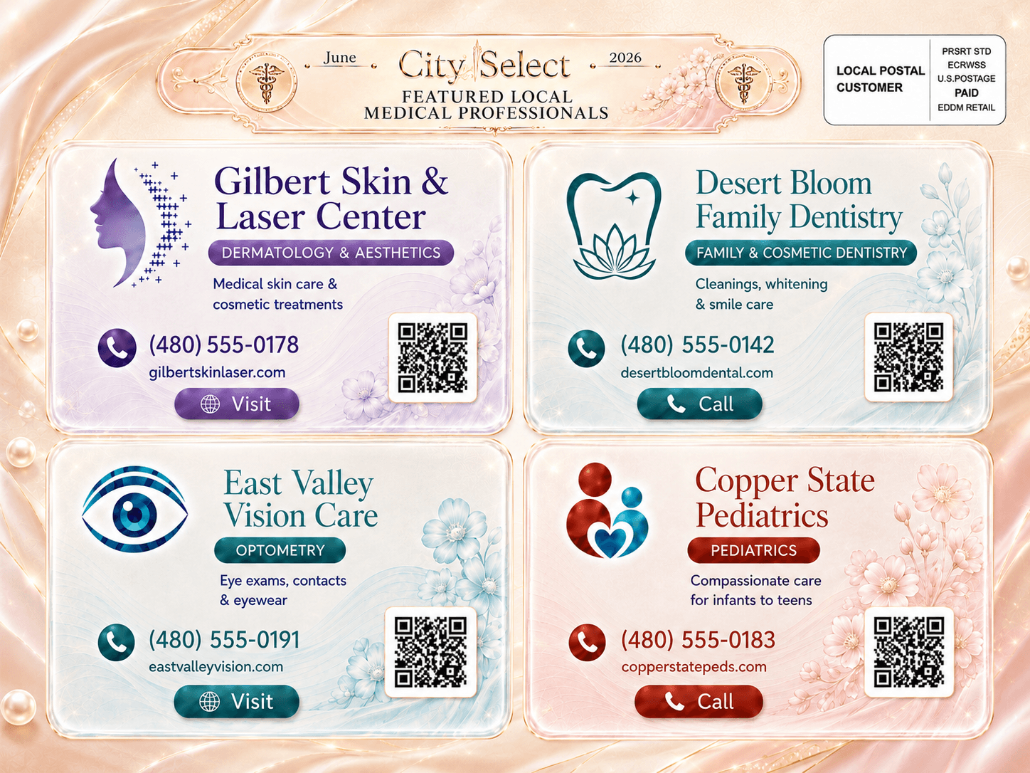 City Select 9×12 EDDM postcard — front, featuring four local Gilbert medical practices on a pearl-rose floral background.
